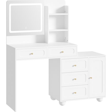 Toeletta bianca con specchio LED regolabile, 5 cassetti, 1 anta e 3 ripiani, 80 x 39,8 x 127 cm (1/5)