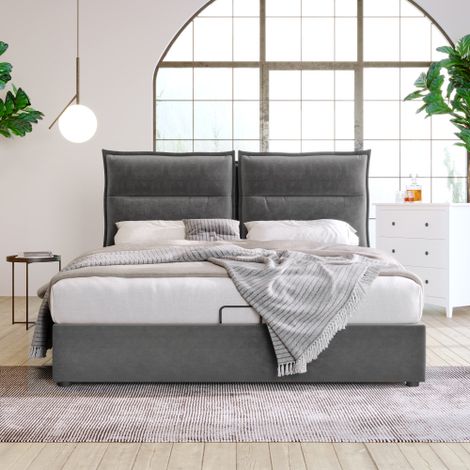 LIBERTÉ Lit Double Hydraulique Rembourré 140x200cm, Tête de Lit Réglable, Velours, avec Grand Espace de Rangement, Gris (1/5)