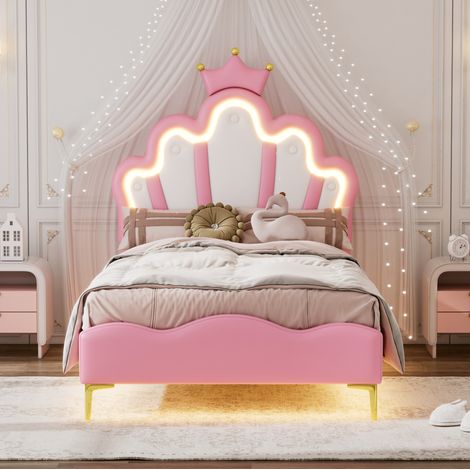 Lit enfant PU rose 90x200 cm avec LED, tête de lit couronne et hauteur réglable (1/5)