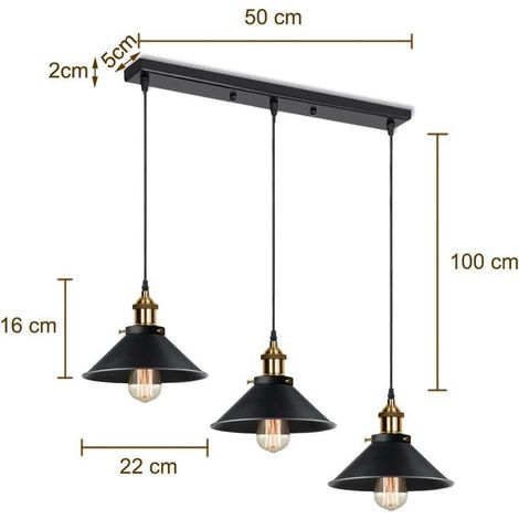 3 Lampes Suspension Luminaire Industrielle Lustre Plafonniers Design Edison Métal Lustre Suspension avec 50cm Support en Barre, Ø 22cm, Noir (1/4)