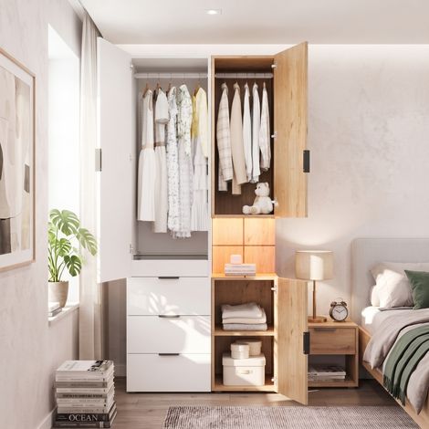 Armoire LED tiroir bijoux, 90x49x200 cm, 2 tringles 4 tiroirs, moderne chambre salon, coloris blanc (1/5)