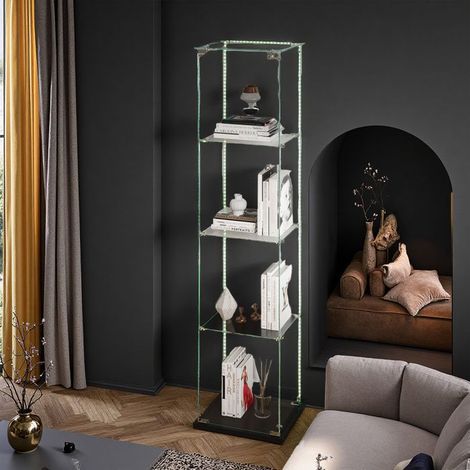 Glasvitrine - LED - 4 Regale - Präsentationsschrank für das Wohnzimmer - Für Sammlungen - Skandinavisch - 163 x 39 x 35cm - Schwarz