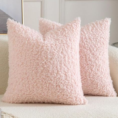 Lot de 2 housses de coussin décoratives en fausse fourrure de sherpa, taies d'oreiller pelucheuses et douces, en peau de mouton, pour canapé, sofa, lit, salon, 45 x 45 cm, rose (1/5)