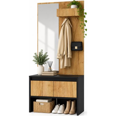 FurnitureR Meuble à chaussures noir et bois naturel avec miroir, banc, 2 tiroirs, crochets, rangement ouvert et LED, largeur 60 cm (1/5)