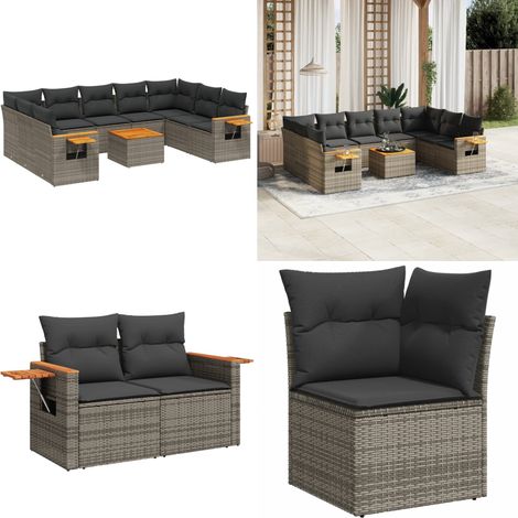 Salon de jardin avec coussins 10 pcs gris résine tressée - Salon De Jardin - Meuble Extérieur - Set Salon - Résine Tressée - Rotin Synthétique - Home & Living (1/5)