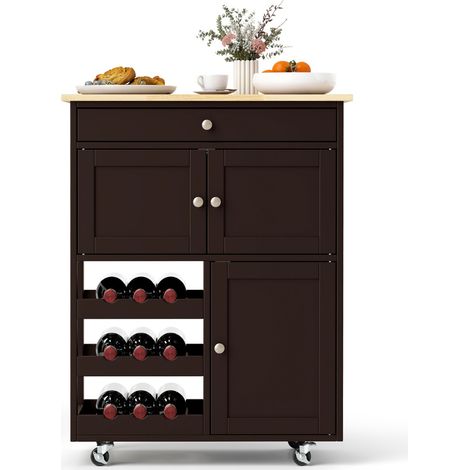 Carrello da cucina con portabottiglie a 3 livelli e cassetto, Isola da cucina con superficie in legno Marrone (1/4)
