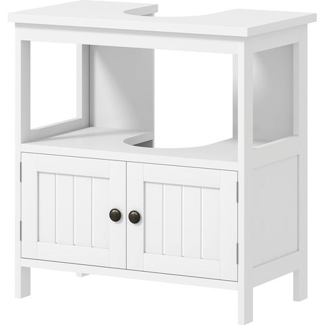 Meuble sous lavabo blanc 60x30x60 cm avec étagère et placard, échancrure en U, 2 portes