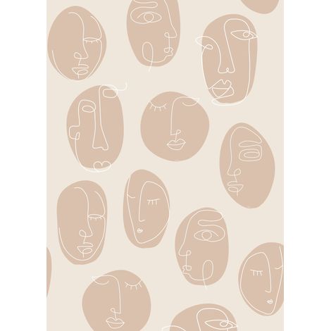 papier peint panoramique visages Line Art beige  - ESTAhome (1/5)