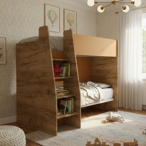 Letto a castello salvaspazio con scaletta frontale - Montaggio facile - Quercia e zolfo