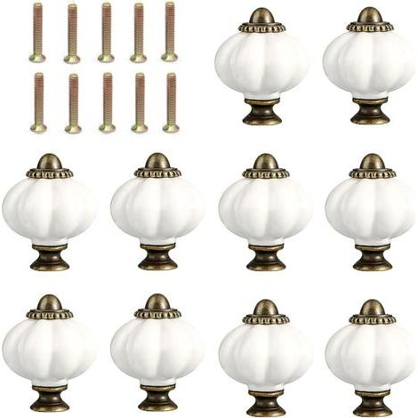 10 Pièces Citrouille Bouton de Meuble Blanc, 30 mm Poignée Meuble avec Vis de Montage, Bouton Tiroir en céramique et Alliage de Zinc, aux Meubles de Cuisine, de Chambre et de Salon (1/4)