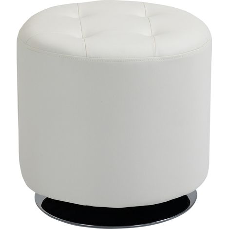 360° drehbarer Fußhocker für das Wohnzimmer, runder, gesteppter Pouf aus weißem Kunstleder, Stahlgestell, Ø 45,5 x 44,5 cm