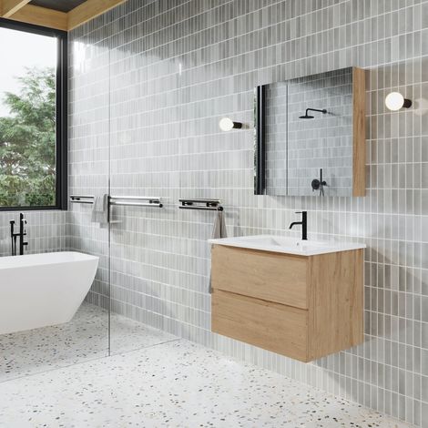 Stano. – Ensemble meuble de salle de bain suspendu 80 cm – Vasque en céramique sans trop-plein – Design minimaliste avec tiroirs silencieux – Chêne clair