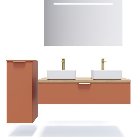 Meuble de salle de bain suspendu 2 vasques à poser 120cm 1 tiroir Terracotta + miroir + colonne ouverture gauche - Venice (1/5)
