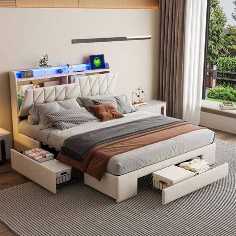 Lit capitonné 160x200 cm avec rangement intégré, ports USB, velours (1/5)