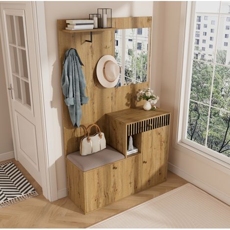 CHICFURN Mueble de entrada con espejo 110 x 37 x 185,5 cm MDF natural negro, banco acolchado (1/5)