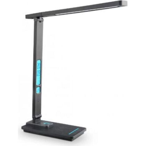 Noir， Lampe de Bureau LED avec Chargeur sans fil 10W, USB Recharge, Réglable Lampe de Table protection des yeux avec Écran LCD Calendrier, 5 Modes Lumière, 2 Modes Veilleuse (1/5)