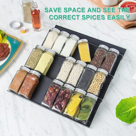 Étagère à épices réglable en plastique, insert de rangement pour tiroir, organisateur pour 24 épices, idéal pour le rangement dans la cuisine, étagères, placards et supports, 3 niveaux, lot de 3, noir