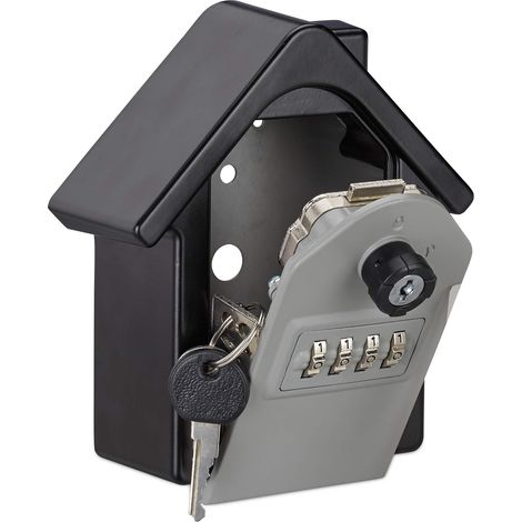 Boite à clés sécurisée Forme Maison clé Secours Code Coffre Fort Clef Key Sage Garage, 15x13,5x7 cm, Noir/Gris (1/5)