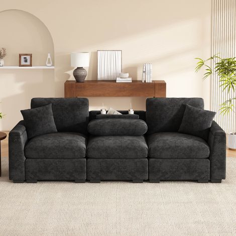 Canapé 3 places en chenille Gris 242  x80 x 88 cm table rabattable USB, porte-gobelet rangements 2 coussins bureau cinéma chic cosy (1/5)