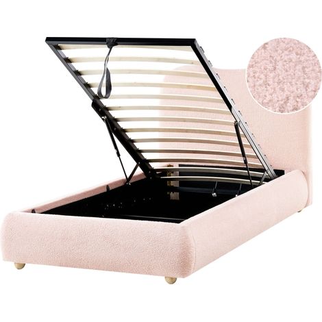 Storage Bed Pink Boucle Fabric EU Single Size 3ft with Headboard Minimalist Modern Design Ottoman BLAGNAC