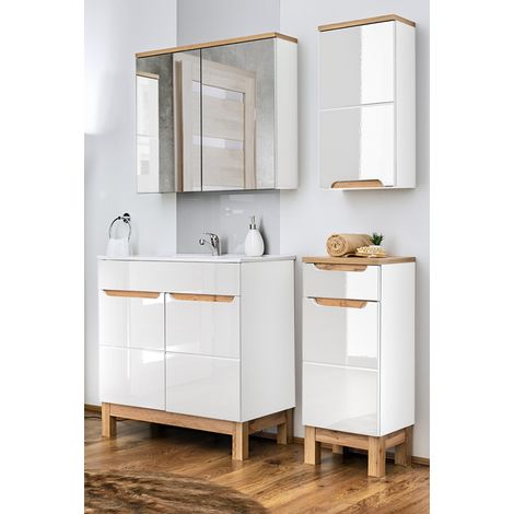 Badezimmer Möbel Set 4-teilig 60 cm inkl. Keramik Waschbecken SOLNA-56 Hochglanz weiß inkl. Standfüßen BxHxT ca.: 110 x 200 x 45 cm (1/5)