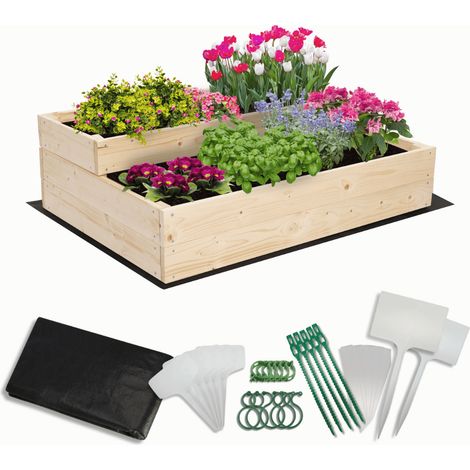 MODO24 Carré potager surélevé en bois, 2 niveaux en cascade, 27x90x63 cm, jardin/terrasse, kit jardinier inclus, naturel