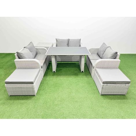 Fimous 8 Seater Patio Garden Furniture Sets with Black Glass Top Dining Table Love Sofa Side Table 2 Big Stool Light Grey (1/4)