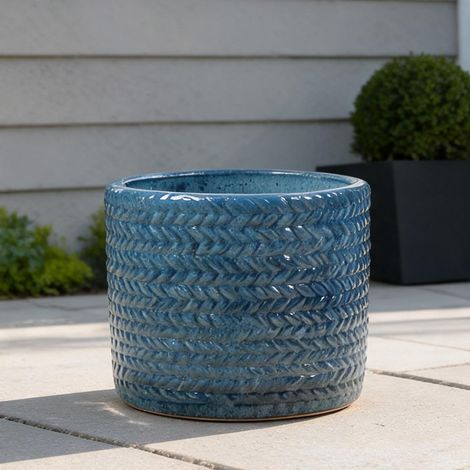 Pot de fleur en céramique bleu 37 cm avec motif chevrons (1/5)