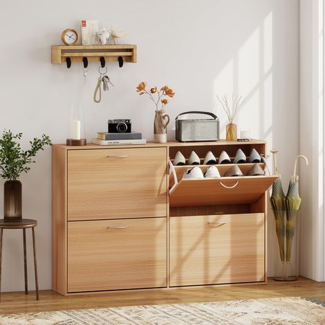 Zapatero Estrecho con 4 Puertas Estantes Ajustables para 16-24 Pares de Zapatos 120x24x81 cm Natural (1/5)