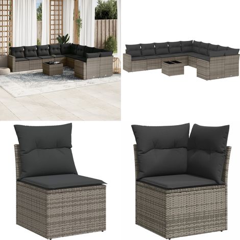 11-tlg. Garten-Sofagarnitur mit Kissen Grau Poly Rattan - Gartenmöbel Set - PE-Rattan Möbel - Outdoor Lounge - Esstisch - Sofas - Home & Living (1/5)