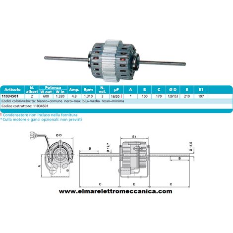 RPM 11034501 Motore 1320 W BIALBERO 5 Velocità aspiratore Fan Coil