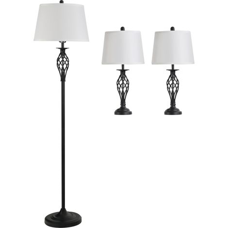 Set de 3 lámparas vintage negro y blanco de metal y algodón 2 de mesa y 1 de pie (1/5)