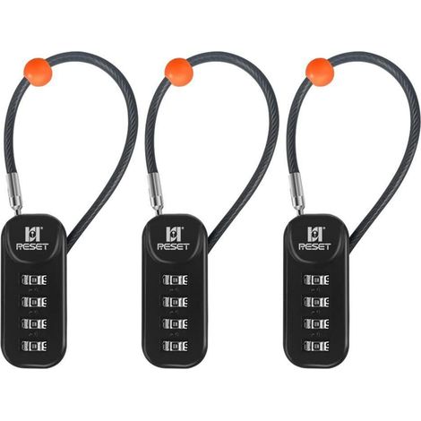 4-stelliges Zahlenschloss mit 10cm Kabel, 3er-Pack, Schwarz