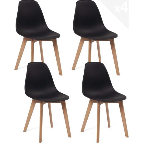 Ensemble de 4 chaises de cuisine au design scandinave, assise en plastique noir souple, légères, durables et faciles d'entretien, pieds en hêtre clair NAO (noir) (1/5)
