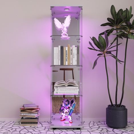 Vitrine en Verre,Verre trempé miroir,4 Étagères,1 Porte, Miroir intégré-pour Salon, Chambre et Bureau-LED-42.5x36.5x164 cm-Blanc (1/4)