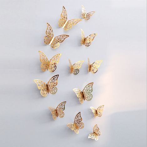 Lot de 12 stickers muraux papillons 3D ajourés, texture métal, pour salon, chambre ou décoration intérieure. (1/5)