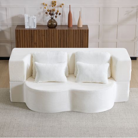 Canapé convertible futon blanc modulaire en tissu doux, mousse haute densité et ressorts, pliable avec coussin carré, pour salon ou chambre – de FLORAGRACE (1/5)