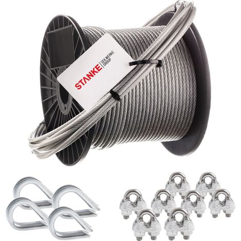 Seilwerk STANKE Câble d’acier galvanisé gainé (couche PVC) 10m diamètre 6mm 6x7, 4x Cosse-coeur, 8x Serre-câble è étrier - SET 2