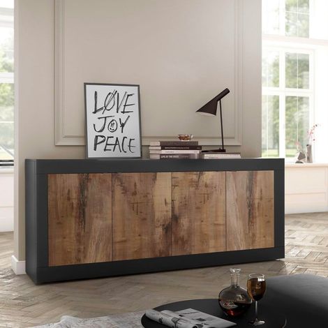 Industrie-Sideboard Altea NP mit 4 Türen in Schwarz Matt und Holz für Wohnzimmer/Küche
