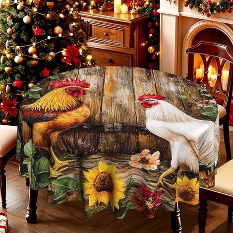 Nappe ronde multicolore à motif coq et tournesol (1 pièce), nappe légère pour cuisine de style campagnard, idéale pour les pique-niques. (1/4)