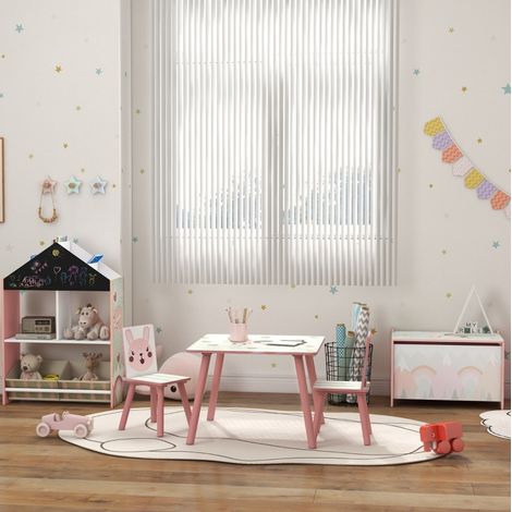 Conjunto mesa y 2 sillas para niños en pino, motivo animales, rosa, 3-8 años (1/5)