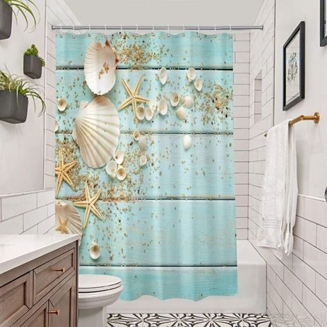 Rideau de bain en tissu de plage rideau de bain de 72 pouces de long rideau de bain côtier avec crochet coquillages étoiles de mer, ensemble de rideau de bain bleu ciel décoration de salle de b (1/4)