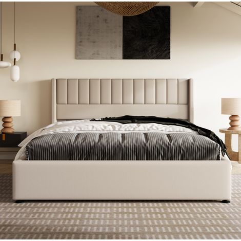 Bett Polsterbett modern aus Leinen Beige 180x200 cm mit Kopfteil, Lattenrost und hydraulischem Stauraum