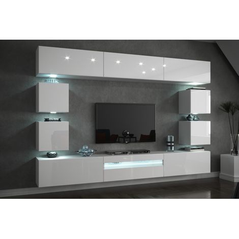 Viva – Ensemble meuble TV 273 cm – Façade MDF laqué blanc brillant – Système push-to-open – Lumières LED incluses (1/2)