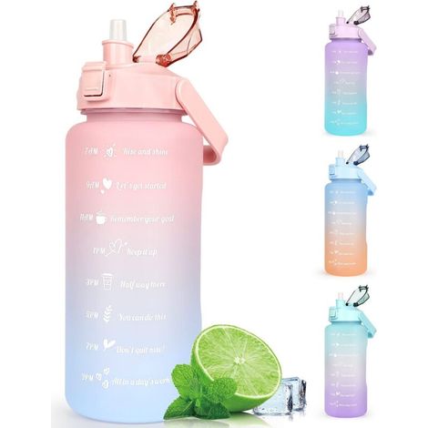 Bouteille d'eau de 2 litres sans BPA avec marquage de temps et couvercle de verrouillage, anti-fuite, rose, moderne et (1/5)