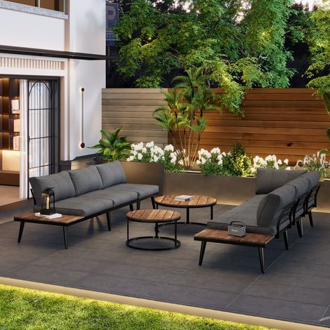 Set de salon extérieur pour 5-6 personnes, mobilier de terrasse et balcon, table à manger en acier galvanisé, 6 pièces (2 canapés 2 places, 2 fauteuils, 2 tables). (1/4)