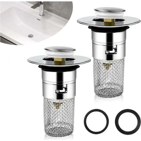 2pcs Bonde de lavabo, Bonde Lavabo avec Filtre Amovible 33-40mm, Bouchon Lavabo Salle de Bain Universel Pop Up, Filtre De Drainage De Sol en Acier Inoxydable pour Bain, Cuisine (1/4)