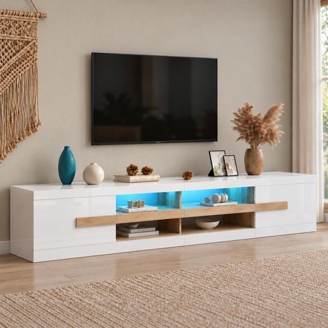Meuble TV bas avec éclairage LED, Banc TV moderne avec commande par application pour salon, Panneaux de particules brillant, 200x40x38cm, 2 portes et 4 niches ouvertes, Blanc et effet bois (1/5)