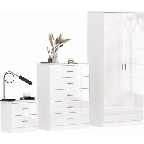 Sleek White 3-Piece Bedroom Furniture Set with Wardrobe,Chest of Drawers,and Nightstand for Modern Living