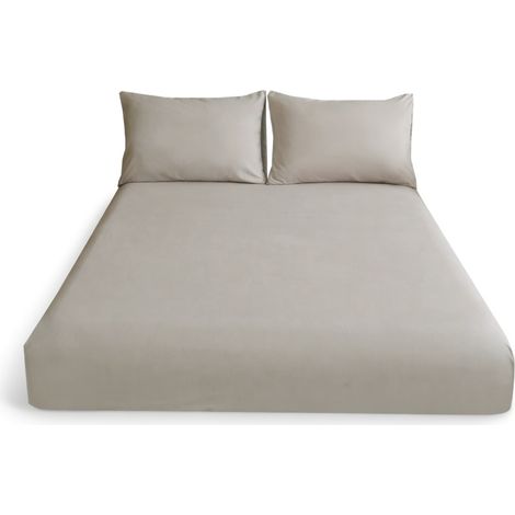 Drap housse uni beige kaki 180 x 200 plus 27 cm doux (1/5)